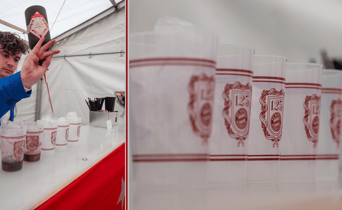 Bierglas mit FC Bayern Logo auf dem Red Bull Staubenbach Event.