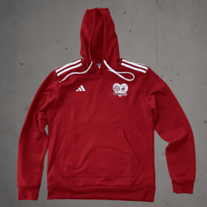 1. Rot Hoodie mit Vereinslogo und weißen Streifen, Adidas-Design.