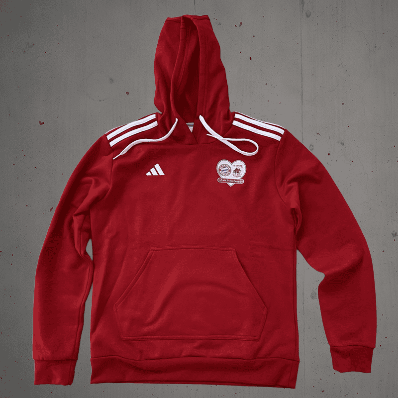 1. Rot Hoodie mit Vereinslogo und weißen Streifen, Adidas-Design.