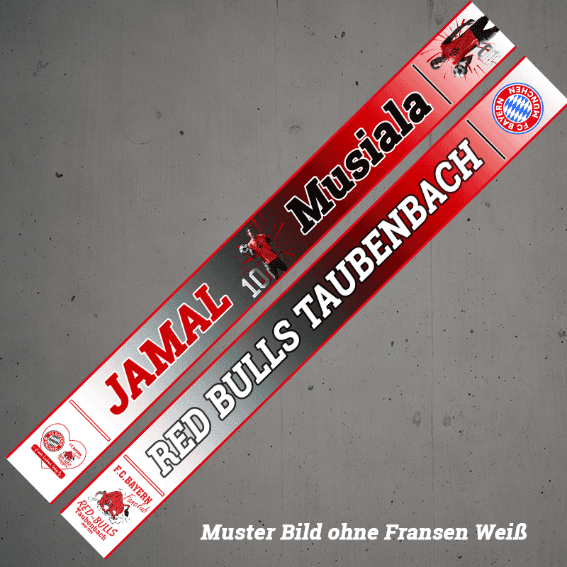1. Rot-weißer Fankarikatur-Langstreifen für Red Bulls Taubenbach mit FC Bayern Logo.