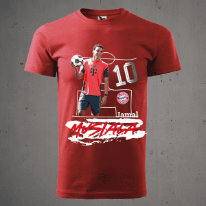 Fußball-T-Shirt Bayern München, personalisiert mit Jamal Musiala, 10er Version, Fanartikel für Sportbegeisterte.